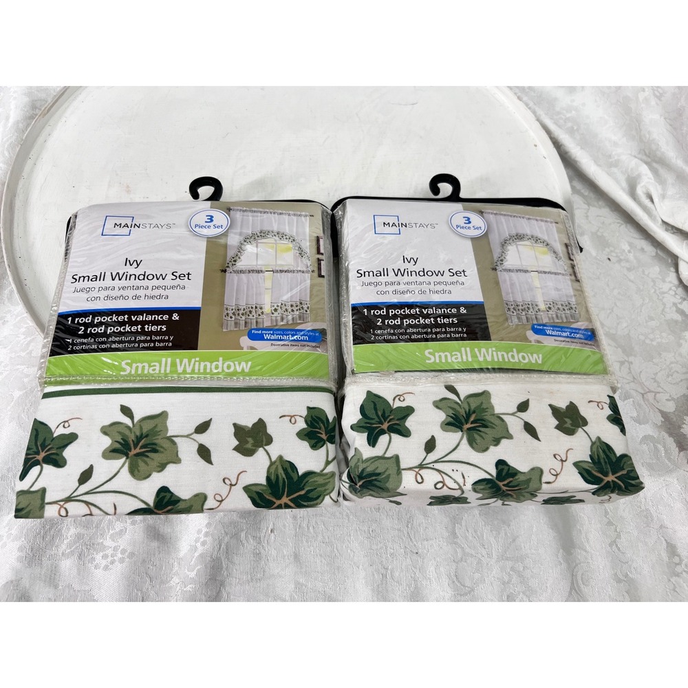 Mainstays Ivy Small Window Set 3 Piece Valance Tiers Green White MS94-013-001-02